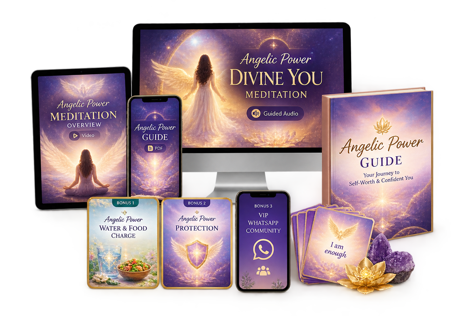 The Angelic Power Kit: guided meditation audio, overview video, guide PDF, affirmation cards and three bonuses