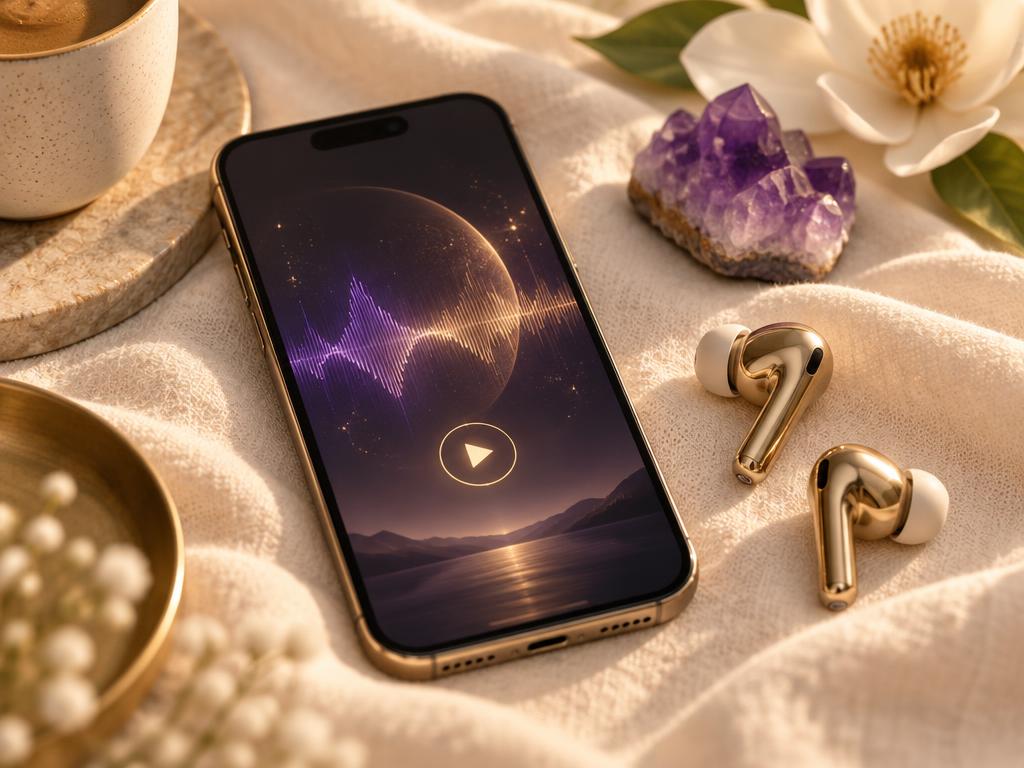 The guided meditation playing on a phone with earphones