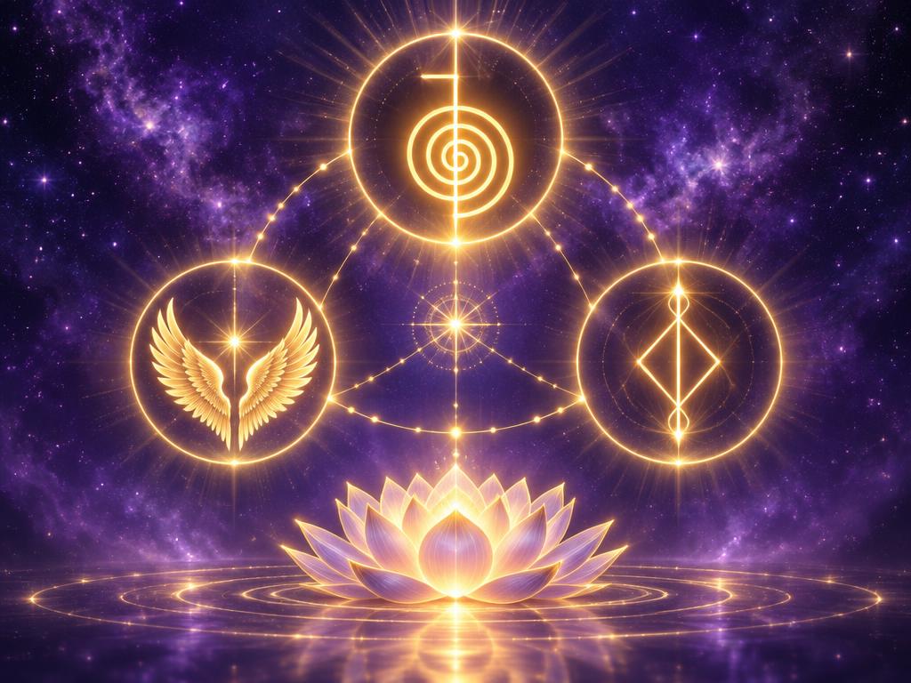 Reiki energy, angel symbols and switch words joined by golden light
